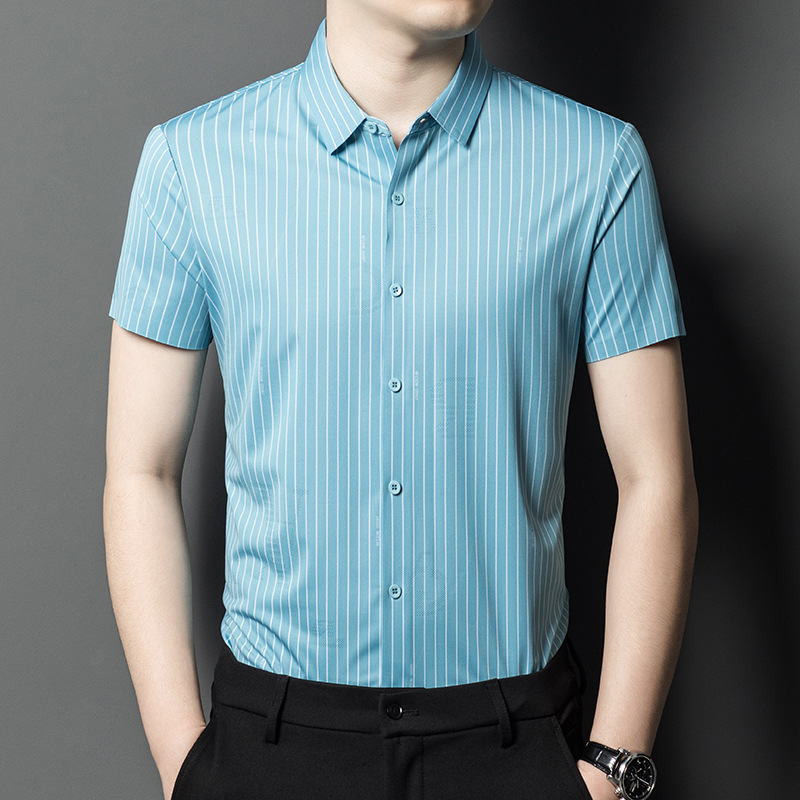 夏季新款中年男式短袖衬衫休闲翻领桑蚕丝时尚免烫无痕冰爽衬衣