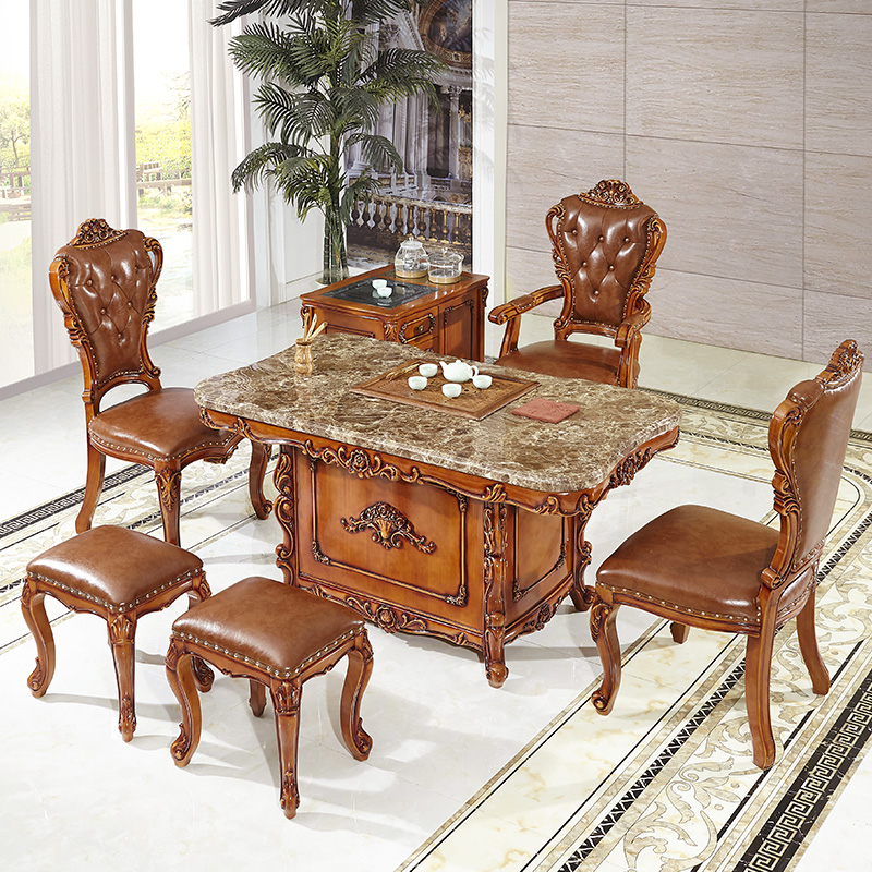仿古色家用功夫茶桌组合欧式大理石茶台阳台泡茶台实木功夫茶几