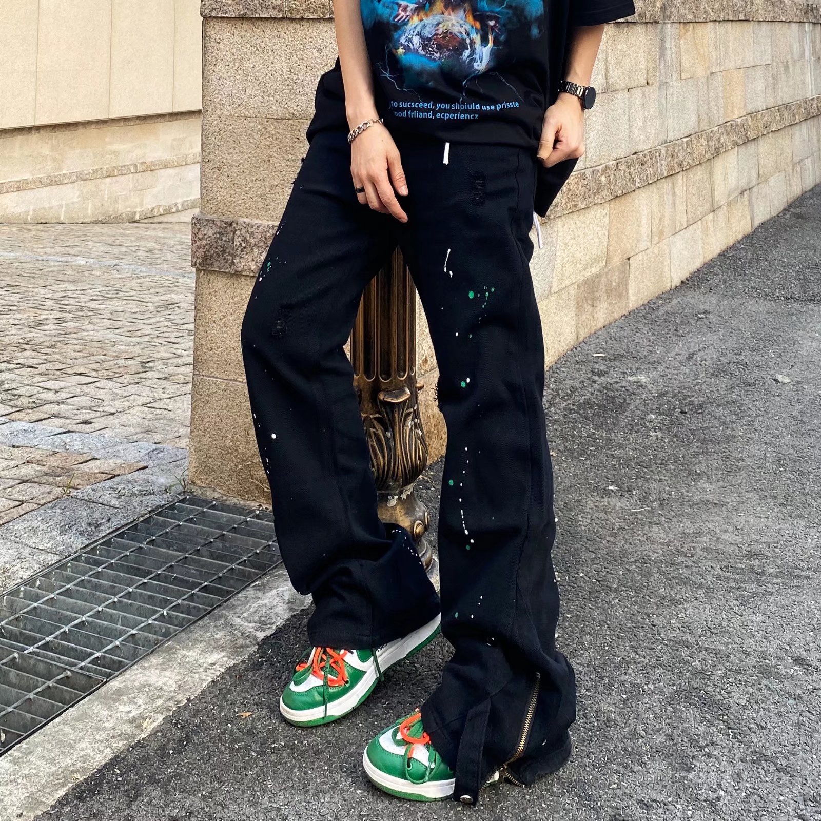 0成交1条美式 高街国潮vibe裤子男ins潮牌bf炸街欧美小众泼墨牛仔裤潮