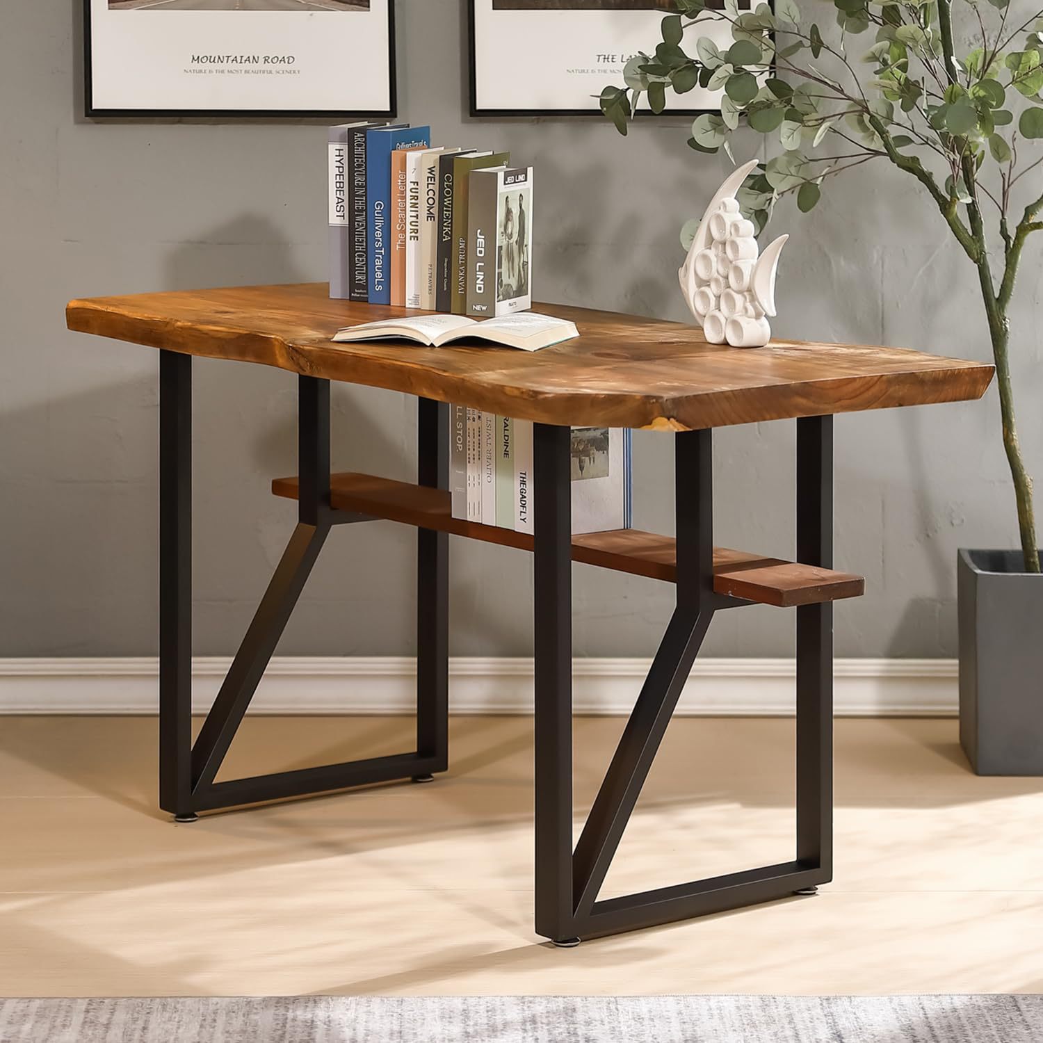 跨境工业现代餐桌腿带书架隔层重型锻铁管桌脚diy工作电脑桌腿架