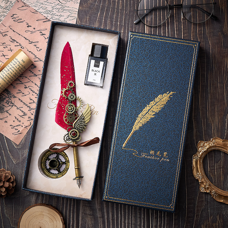 European-Style Retro Pen Gift Box Set Dip Pen Mechanical Feather Pen Fire Paint Seal Birthday Gift Business Gift