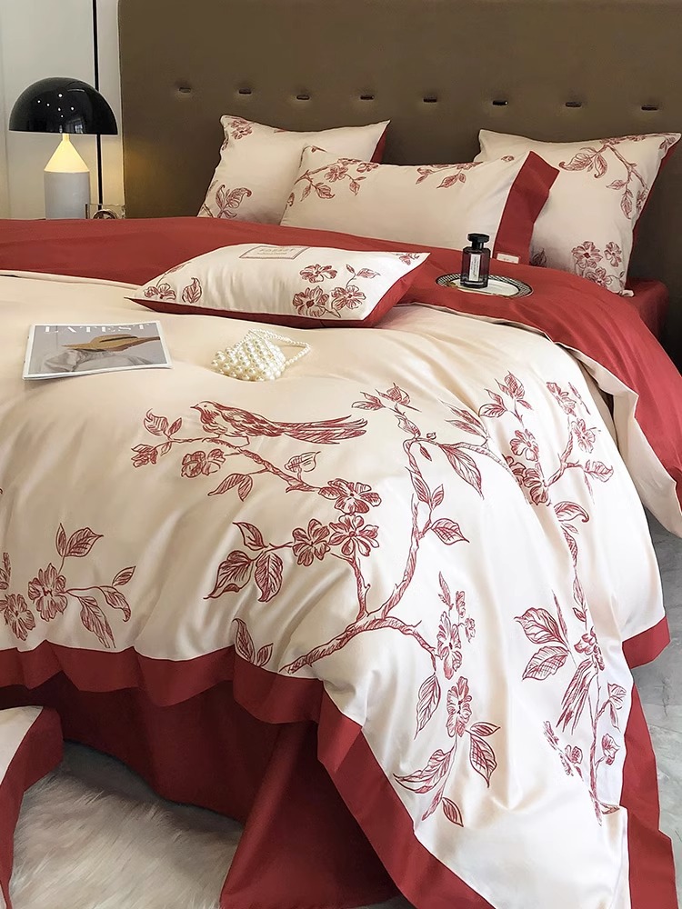 美式花鸟刺绣100支长绒棉四件套高端纯棉贡缎全棉被套家纺床品1.