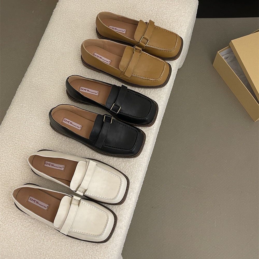 2024年方头真皮平底乐福鞋女春魔术贴深口百搭通勤一脚蹬单鞋