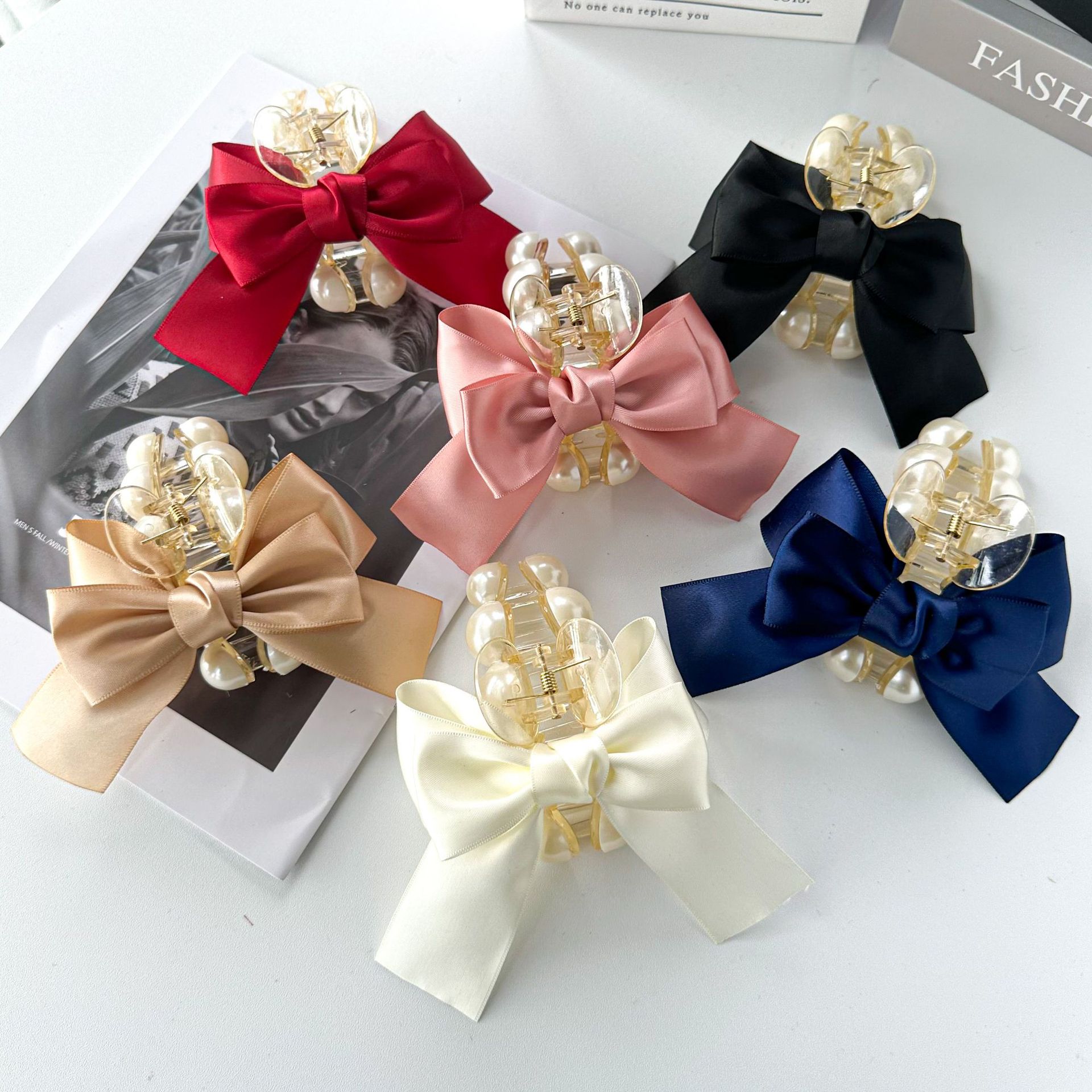 跨境套装新款珍珠蝴蝶结大号抓夹发夹鲨鱼夹后脑勺高级感发卡头饰