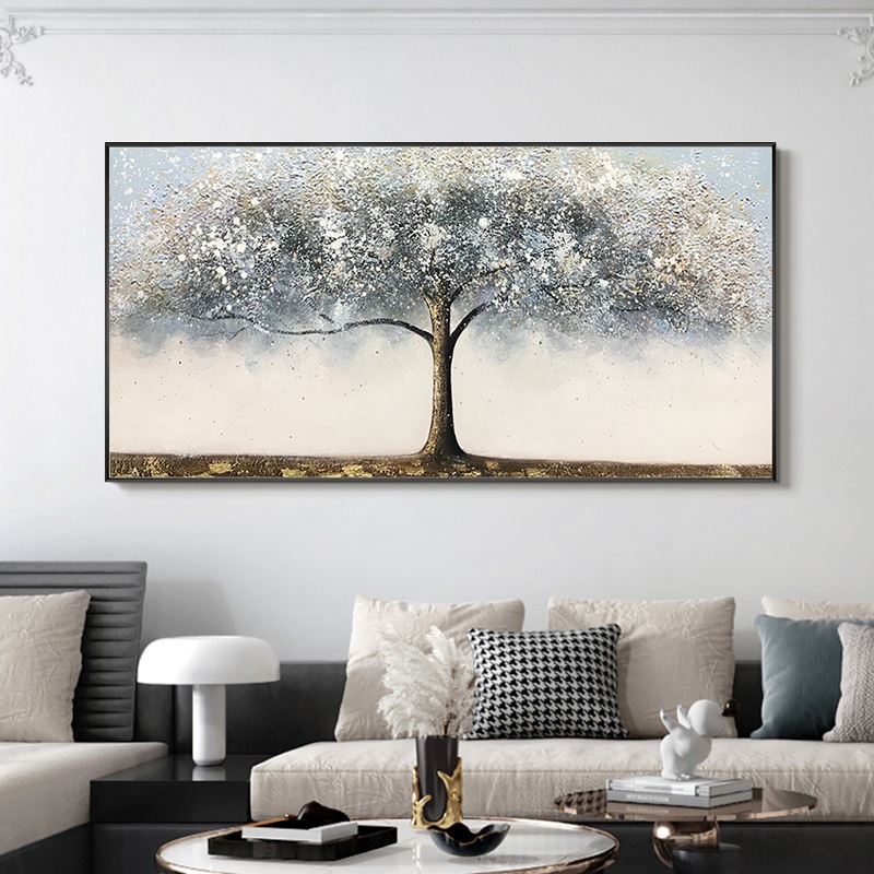 手绘油画金银发财树客厅挂画沙发背景墙装饰画横版巨幅办公室壁画