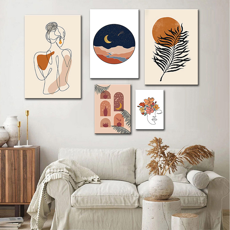 速卖通日月波西米亚挂画 北欧抽象女人植物风景客厅装饰帆布画芯