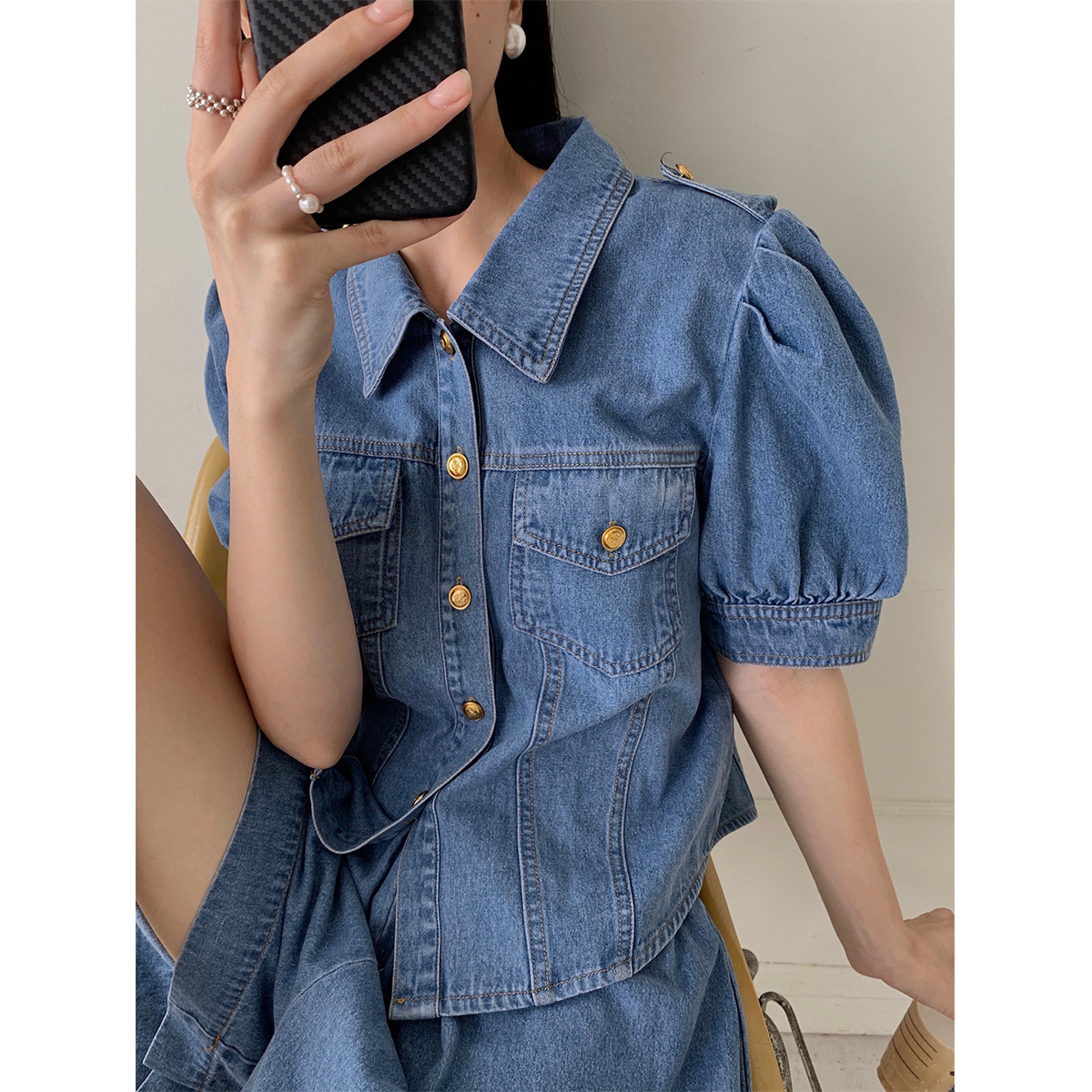 5-31号10:00开售韩版法式双口袋短袖牛仔衬衫上衣女夏季新款22899