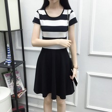 夏装新款连衣裙黑白条纹中长款短袖修身显瘦韩版女装连衣裙