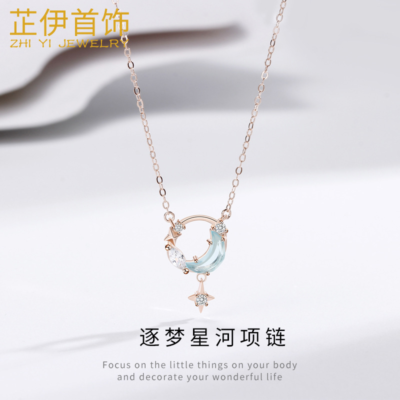 Zhiyi Zhimeng Xinghe Pure Silver Necklace Girls Senior Sense Xingxing Moon Niche Women Silver Necklace Star and Moon Pendant