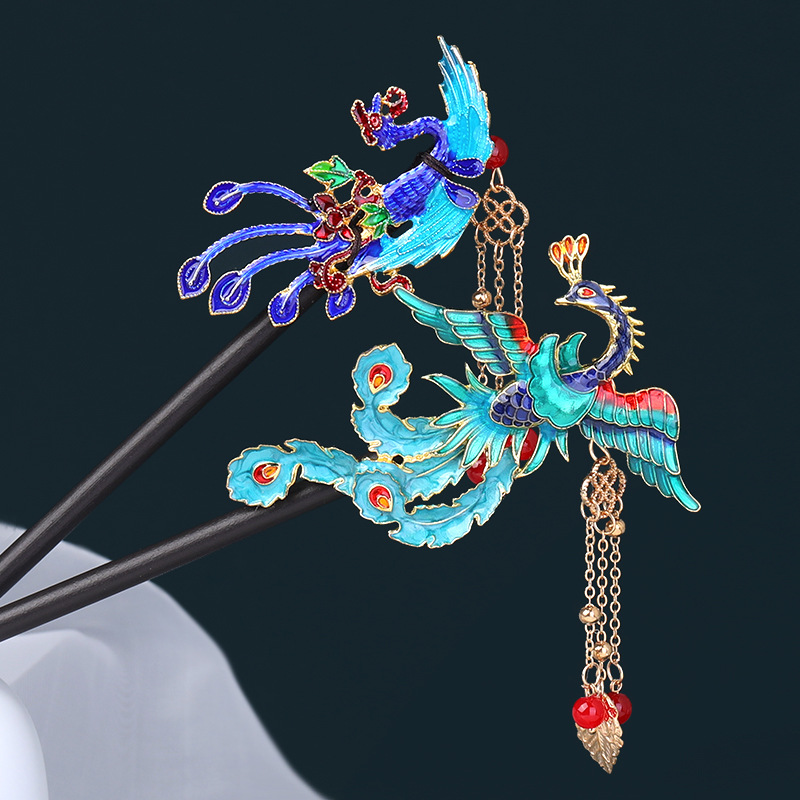景泰蓝发饰古风发簪流苏步摇簪子凤凰簪花木簪汉服头饰旗袍配饰女