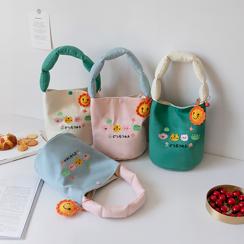 Summer Canvas Bag Underarm Bag Female Niche Student Cute Embroidered Flower Bucket Bag Cloth Bag Small Bag Wholesale