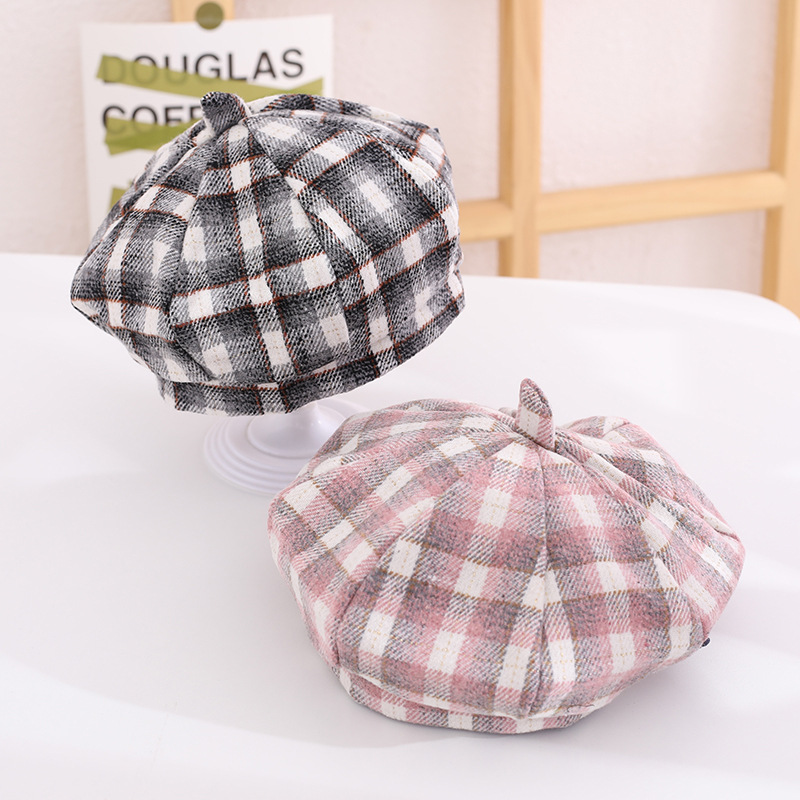 大格子书童帽秋冬贝雷帽英伦复古文艺简约画家帽甜美韩版潮帽_昼梦