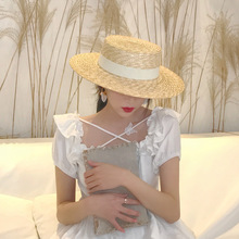 平顶帽子女夏季草帽度假麦秆编织海边沙滩帽网红防晒遮阳英伦礼帽