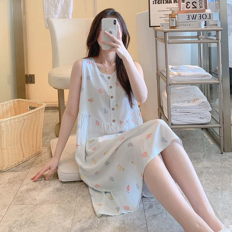 Spring and Autumn New Artificial Cotton Nightdress Women's Summer Fashion Casual Thin Long Pajamas Can Be Worn outside plus Size Homewear