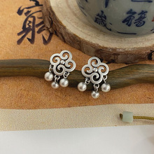 雍程S925纯银复古做旧中国风圆珠花朵祥云耳钉国风高级感小众设计