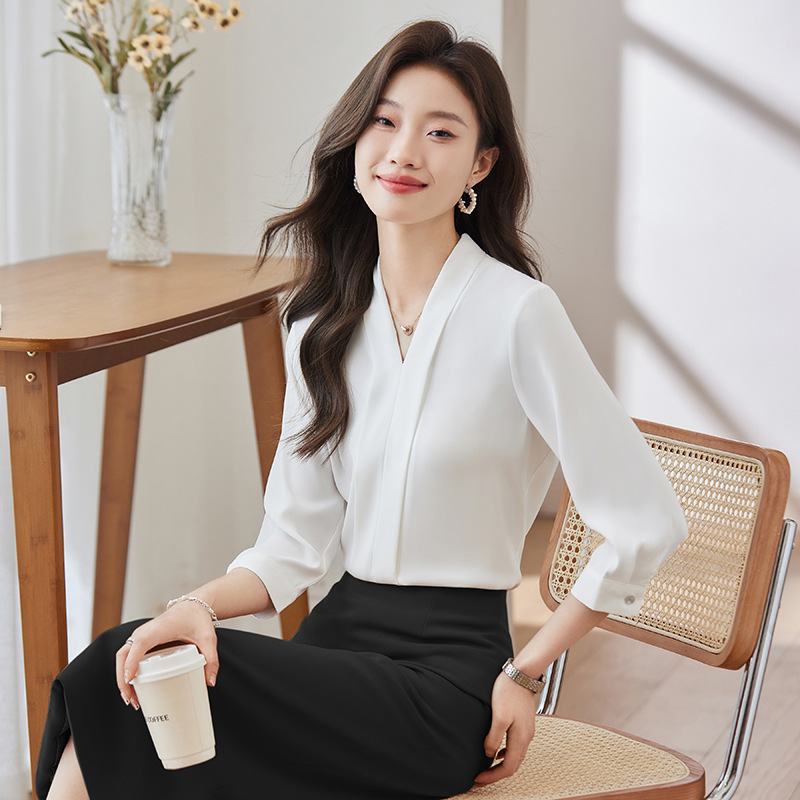 职业女装春夏长袖白色衬衫经理前台美容院珠宝店售楼部工作服套装