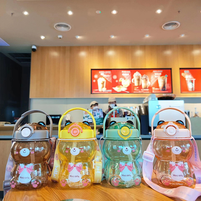 Y96 High-Looking Transparent Bear Straw Cup Children Portable Plastic Water Cup Creative Cute Cartoon Drop-Resistant Kettle