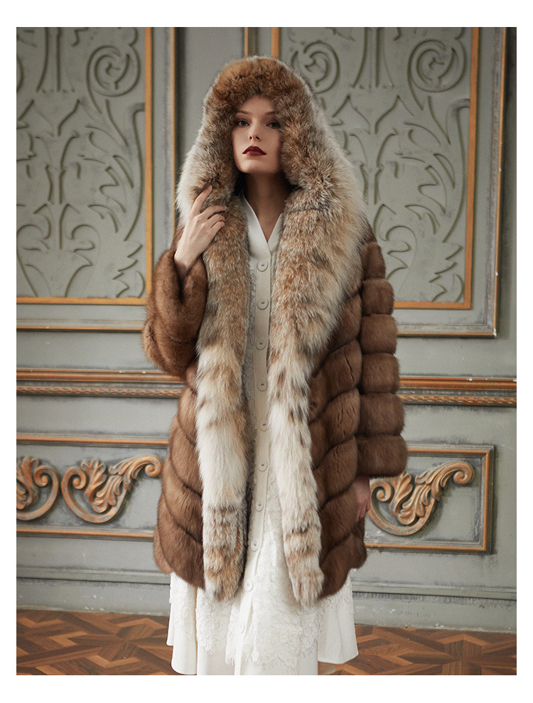 sju新款奢华进口俄罗斯紫貂皮草大衣女中长款猞猁毛领连帽外套冬