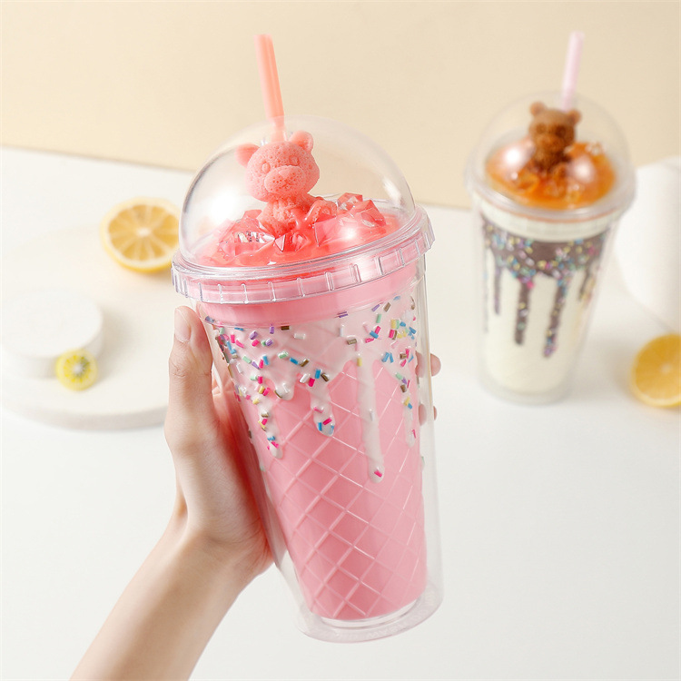 New Cute Bear Ice Cream Ice Cup Summer Fashion Drink Iced Water Cup Creative Doll Straw Cup