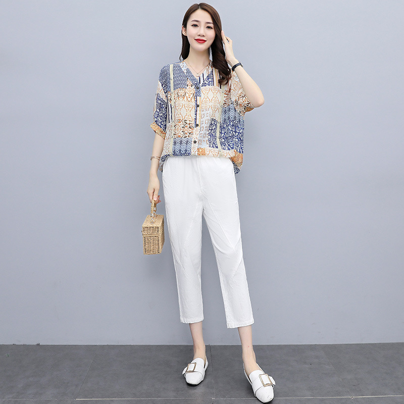 棉麻时尚套装女2021夏装新款女装短袖上衣九分裤休闲两件套套装裤