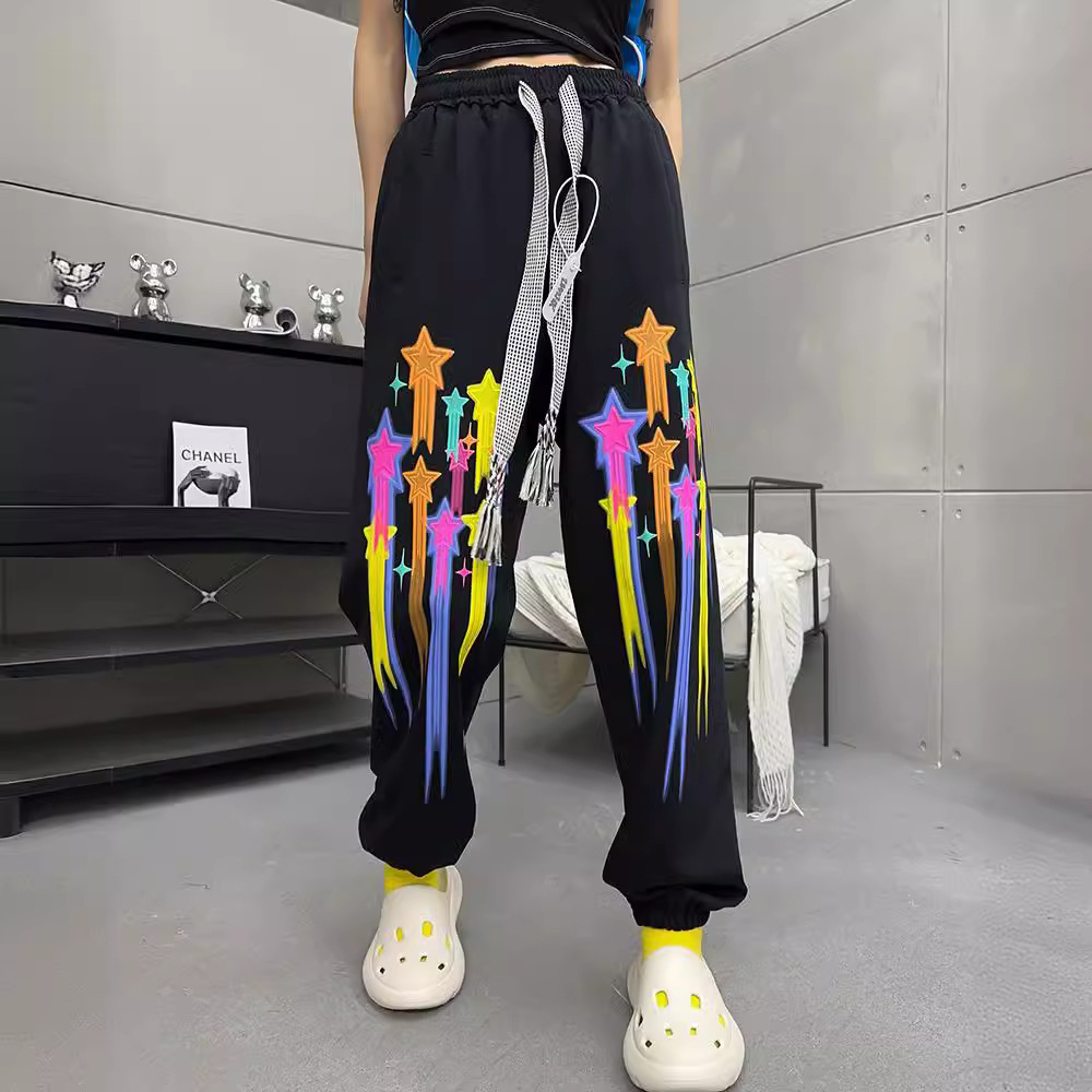 大码夏季重工流星雨图案束脚裤薄款情侣裤中高腰休闲运动裤哈伦裤