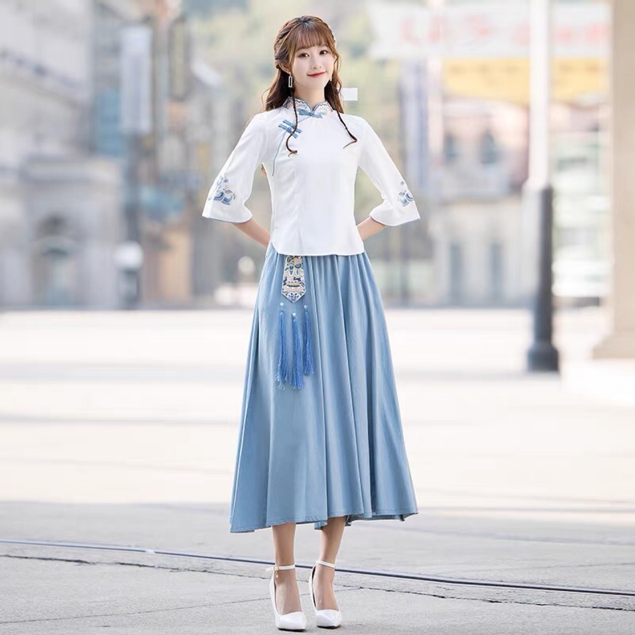 民国风汉服 夏季新款棉麻绣花女士民国风上衣半身裙民族风套装