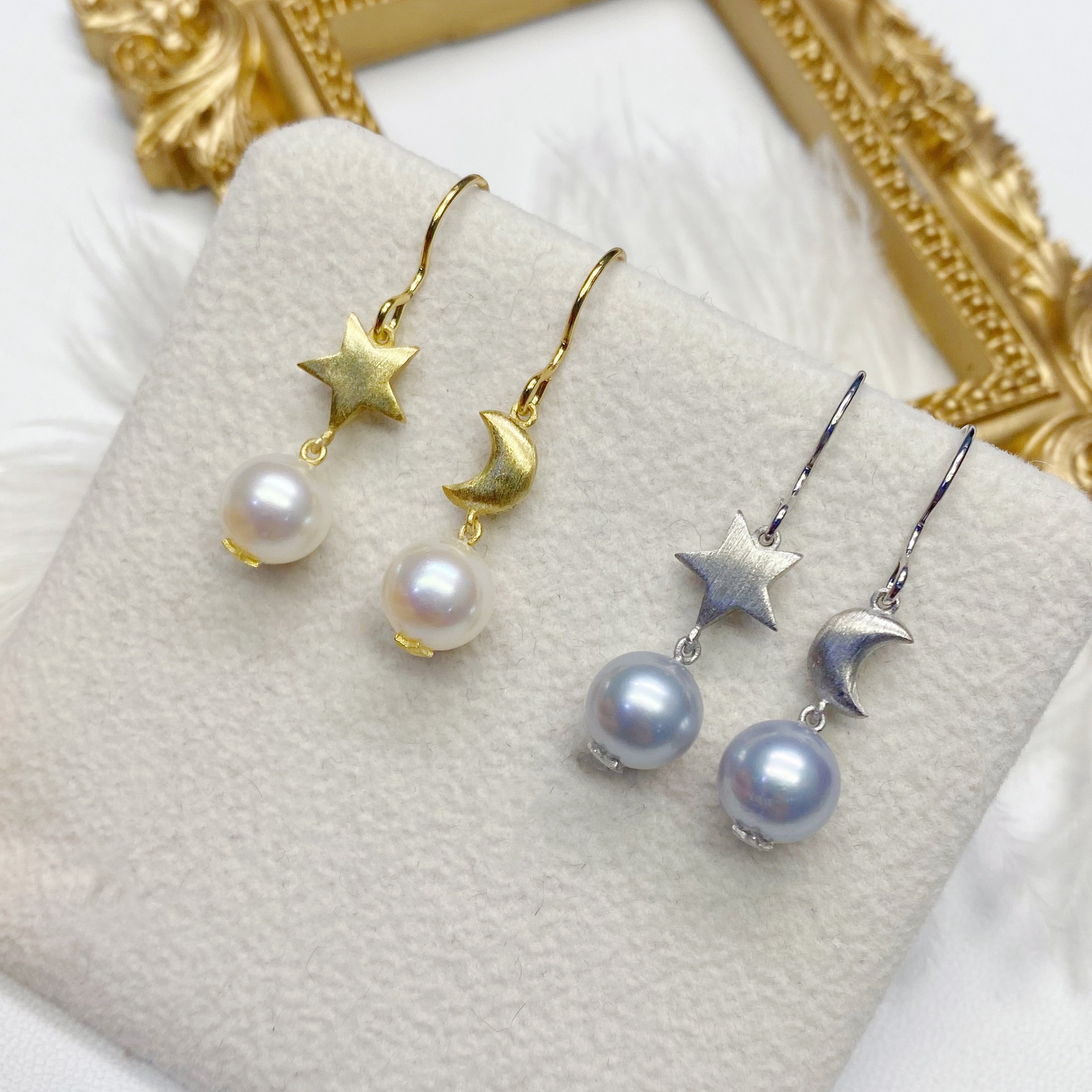 春季新款日系小清新s925银星月银蓝灰白色圆淡水ak珍珠耳环耳坠