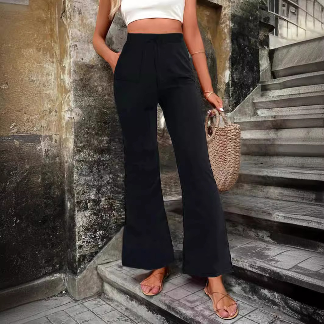 跨境2024欧美外贸女装新款亚马逊独立站 优雅高腰长裤喇叭裤紧身