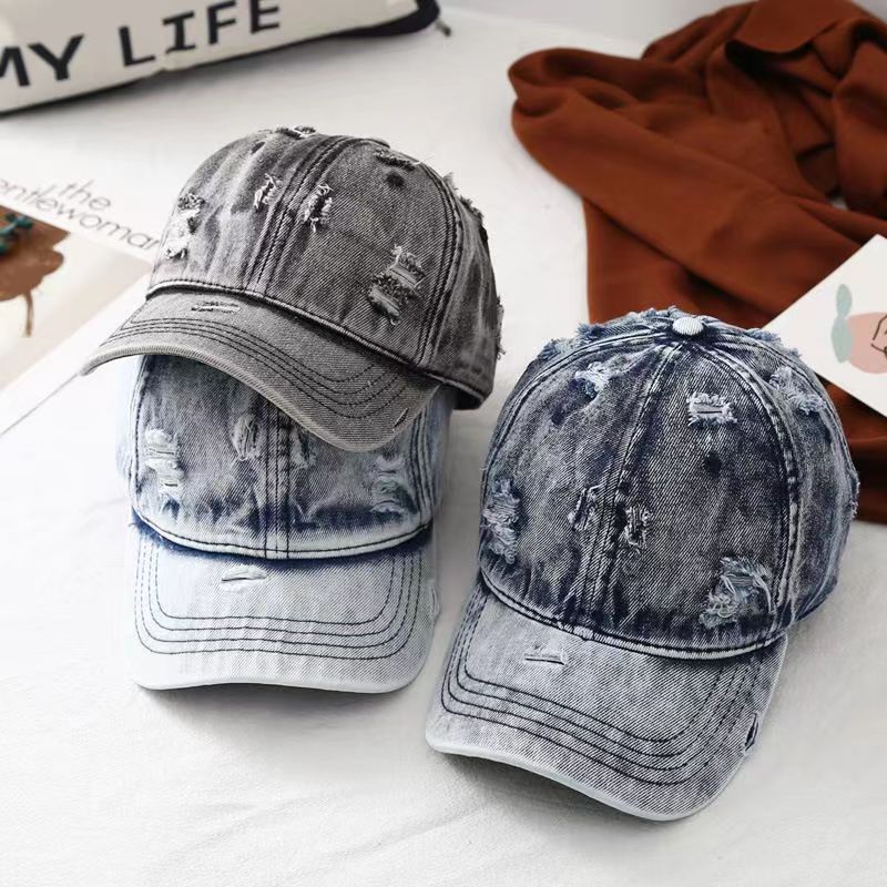 British Ripped Amazon Retro Worn Looking Washed-out Denim Baseball Cap Men and Women Adjustable Ripped Peaked Cap Tide