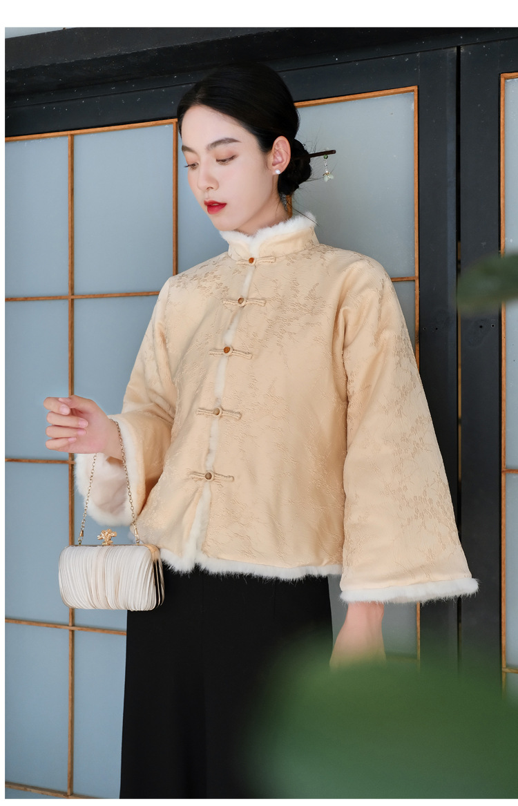 民国风毛领棉袄服女2021秋冬新款珠扣加绒加厚复古提花汉元素上衣