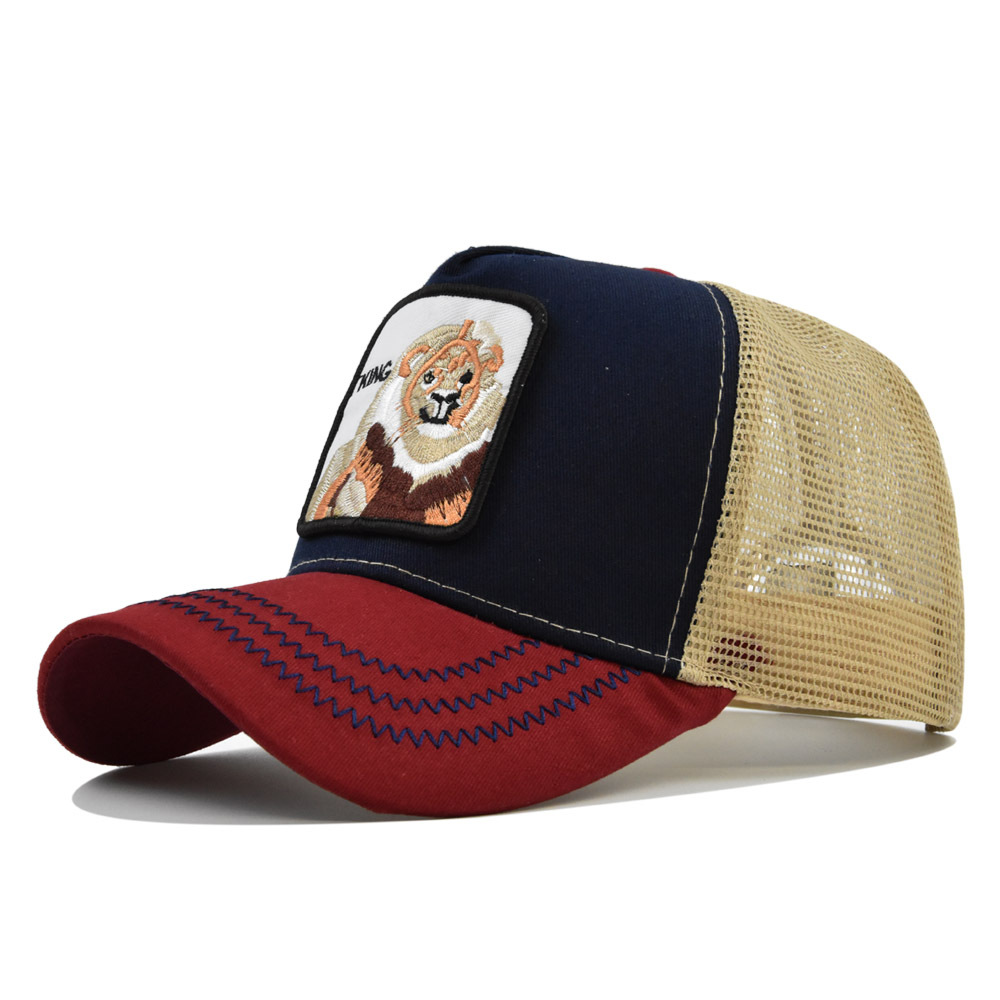跨境动物刺绣棒球帽动物狮子绣花帽网眼鸭舌帽弯檐遮阳帽网帽批发
