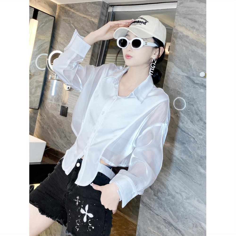 衬衫女长袖露背夏季新款短款透视露腰上衣洋气衬衣设计感小众