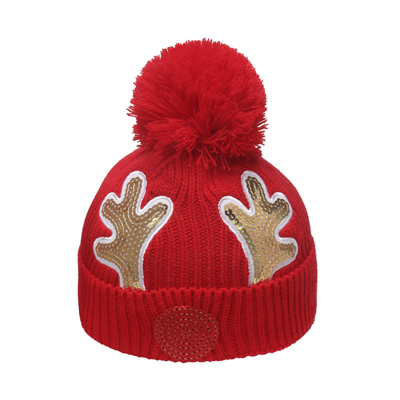 Cross-Border Foreign Trade Children's Sequined Embroidered Warm Hat Children's Christmas Small Antlers Christmas Knitted Hat Boys and Girls Winter Hat