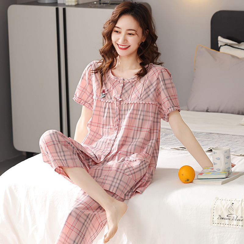 纯棉睡衣女夏季套装纯棉短袖两件套可外穿大码简约高档新款女装
