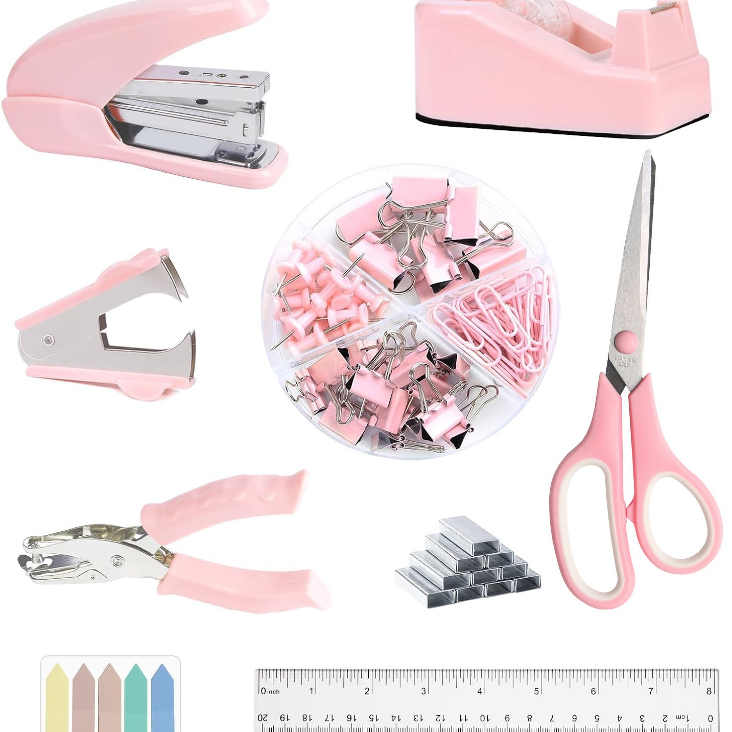 Cross-Border Pink Office Supplies Accessories Combination Labor-Saving Stapler Nail Puller Index Sticker Paper Clip Scissors Set