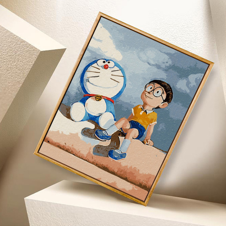 哆啦a梦装油彩饰画创意儿童房间卧室床头挂画卡通动漫背景墙壁画