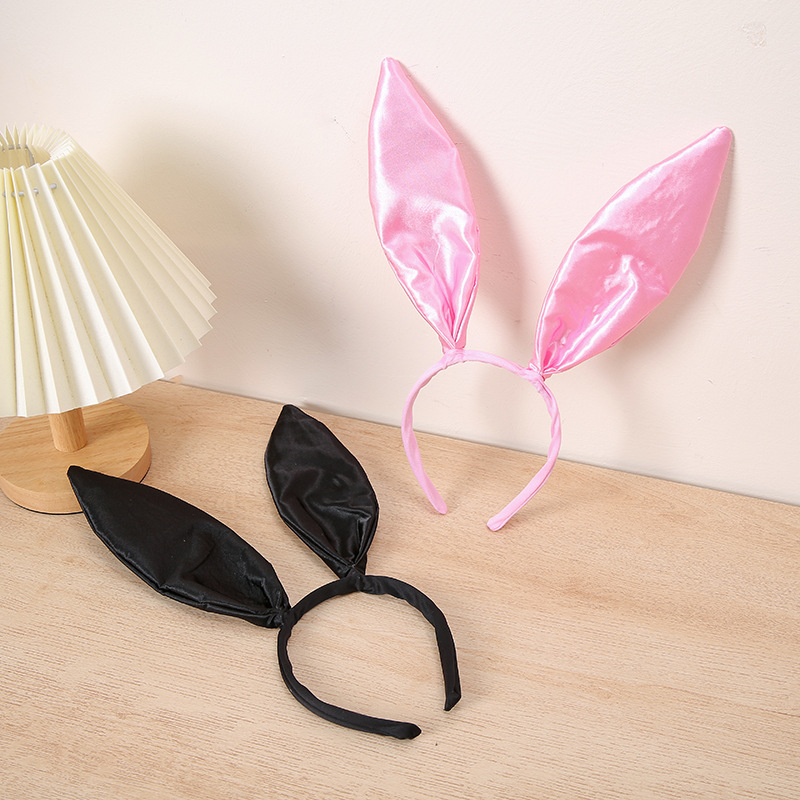 Amazon Hot Sale Satin Cloth Rabbit Ears Hair Hoop Spot Head Buckle Bunny Hairpin Halloween Rabbit Headband Black