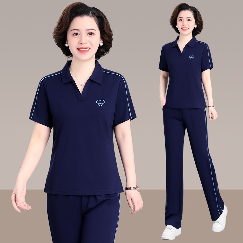 中老年休闲运动服套装女2024新款中年妈妈高档上衣短袖休闲两件套