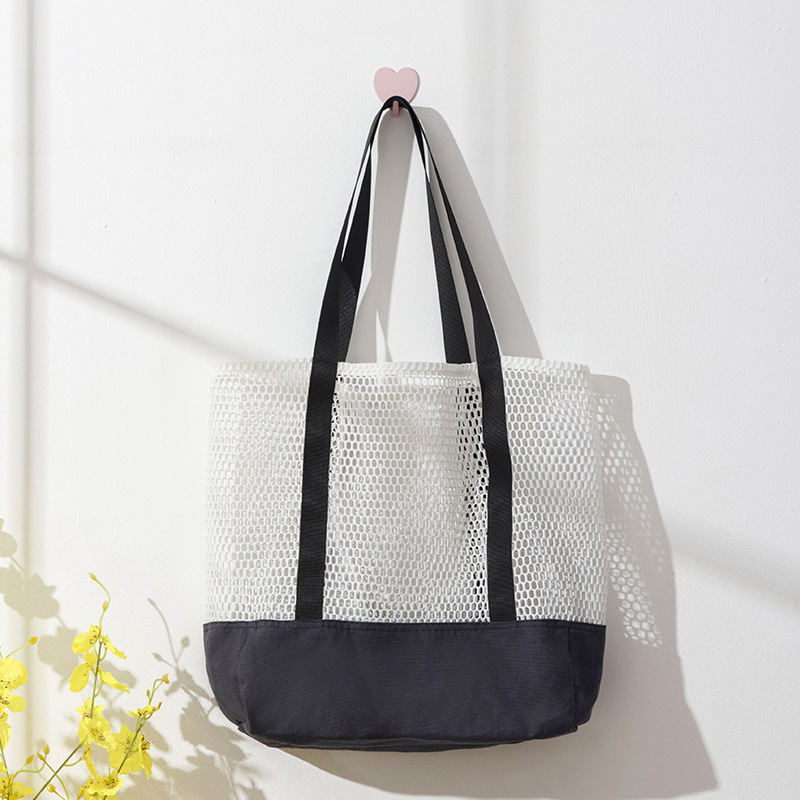 2023 Spring and Summer New Portable Mesh Bag Large Capacity Hollow Mesh Canvas Stitching Shoulder Bag Portable Shopping Bag