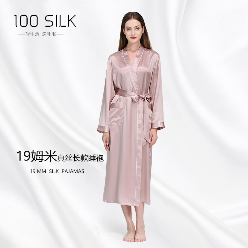 跨境新品真丝睡袍翻领长款晨袍睡衣女士性感浴袍100%桑蚕丝家居服