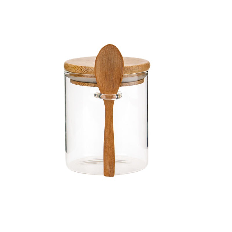 round Glass Sealed Jar with Spoon Glass Transparent Cruet Set with Spoon Kitchen Coarse Cereals Dried Fruit Storage Bottle