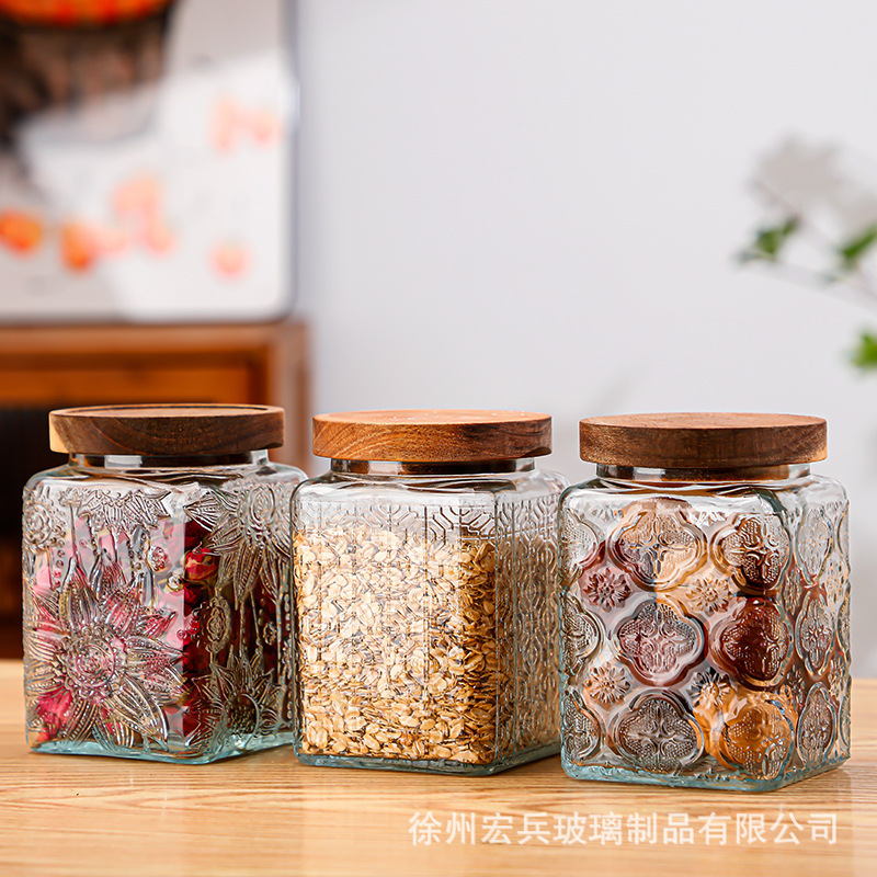 现货海棠花 糖果浮雕罐带盖零食收纳透明玻璃密封茶叶罐家用复古