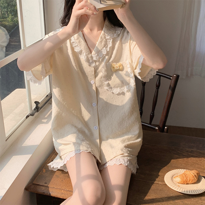 2023 New Pajamas Women's Summer Cardigan Short-Sleeved Shorts Lace Lapel Small Fresh Home Wear Suit Wholesale