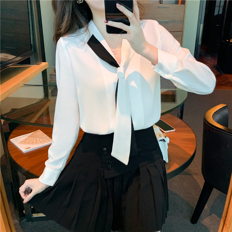 2021春新款翻领领带职业白色衬衫女小众设计感衬衣雪纺衫上衣