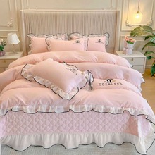 韩式蕾丝花边床盖四件套公主风被套纯色床单四件套网红款床上用品
