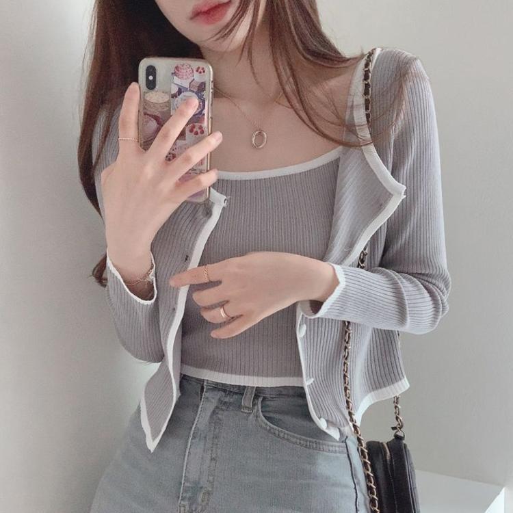 Spring and Summer Color Contrast Short Knitted Cardigan Two-Piece Set Niche Design Single-Breasted Sweater Women's Slimming Overall Dress Set