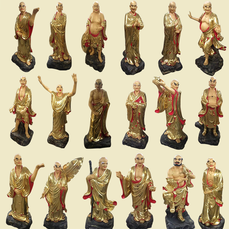 定制金身站像十八罗汉寺庙佛像彩绘贴金玻璃钢神像温州厂家供应