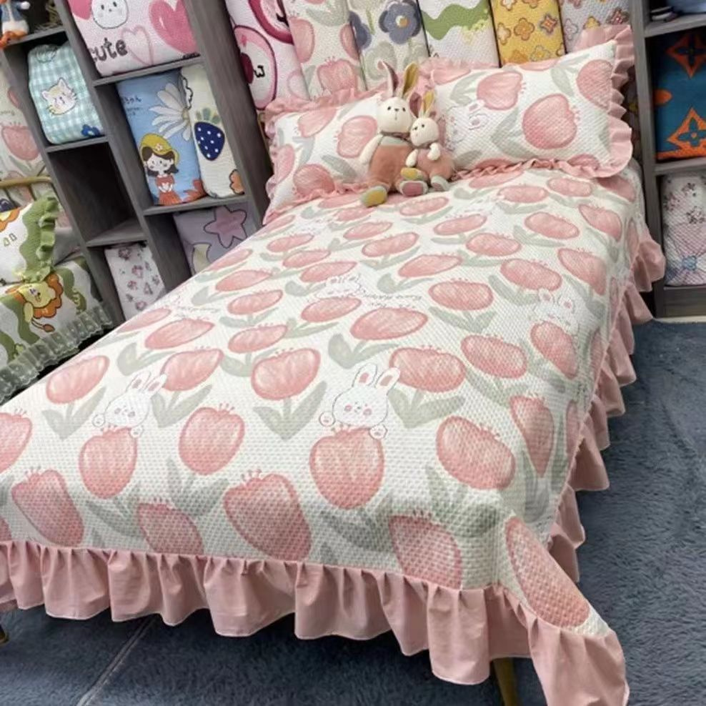 带花边芦荟棉床盖 190*220cm柔软舒适透气双人床单印花床盖批发