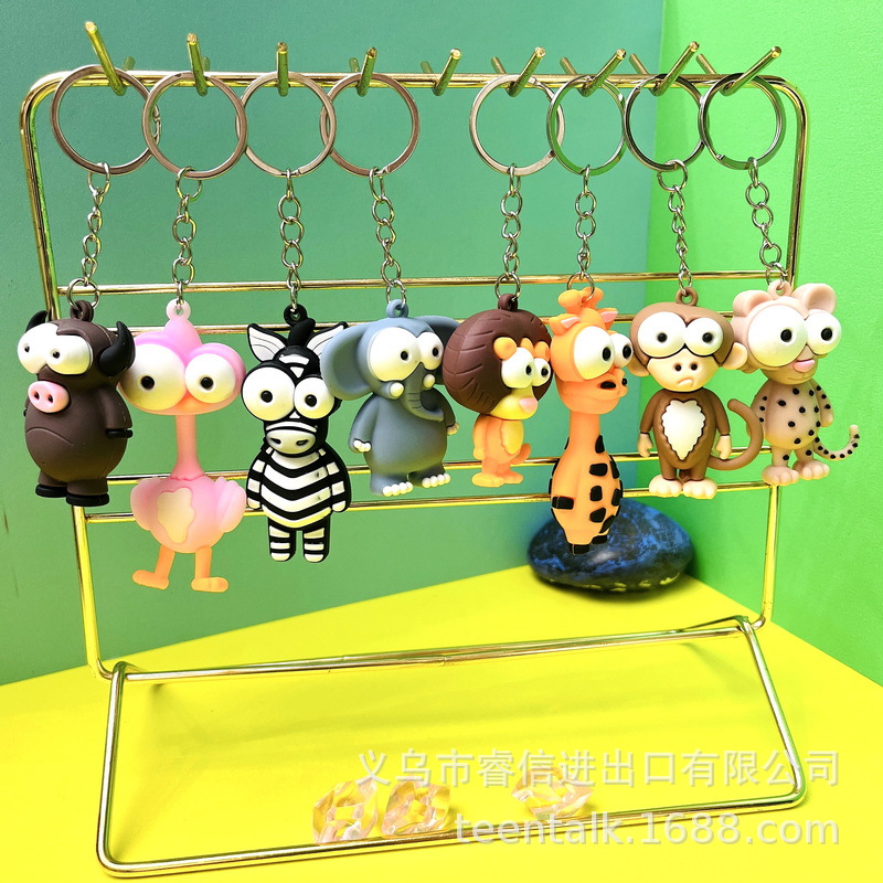 5128# Cartoon Funny Eye-Popping Animal Doll Keychain Giraffe Lion Zebra Monkey Elephant Ostrich Pendant