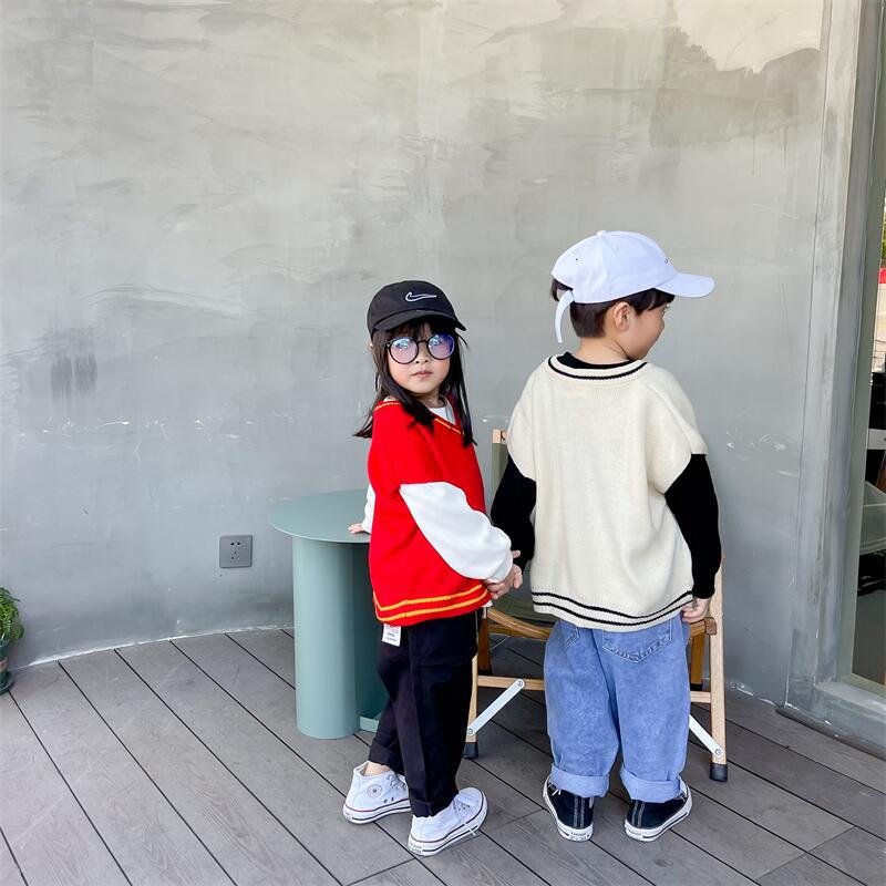 2021秋冬季新品男女童卡通马甲儿童洋气鸡心领刺绣背心兄妹装韩版